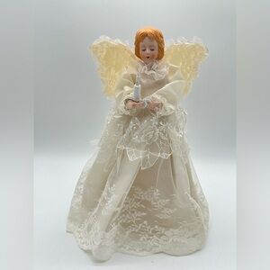 Vintage Angel Christmas Tree Topper Lace Gown Bisque Head & Hands Lights Up